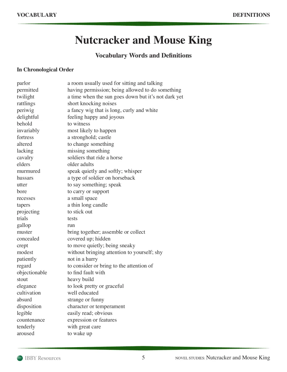 First chronological vocabulary list defines 38 story words, beginning with parlor and ending with aroused
