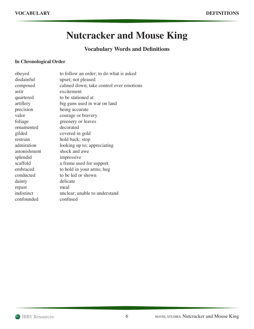 Second chronological vocabulary list defines 22 story words, beginning with obeyed and ending with confounded