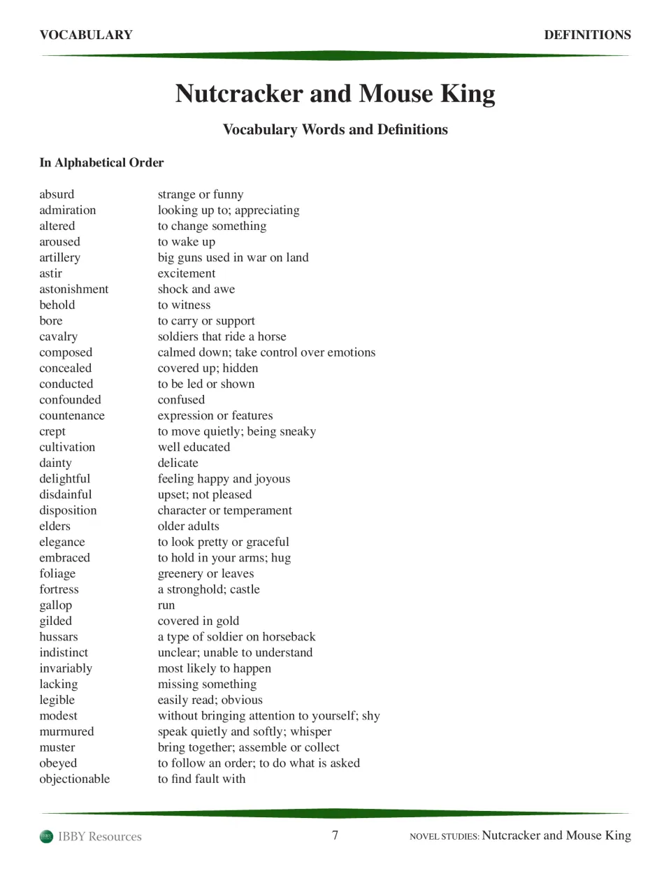 First alphabetical vocabulary list defines 38 story words, beginning with absurd and ending with objectionable