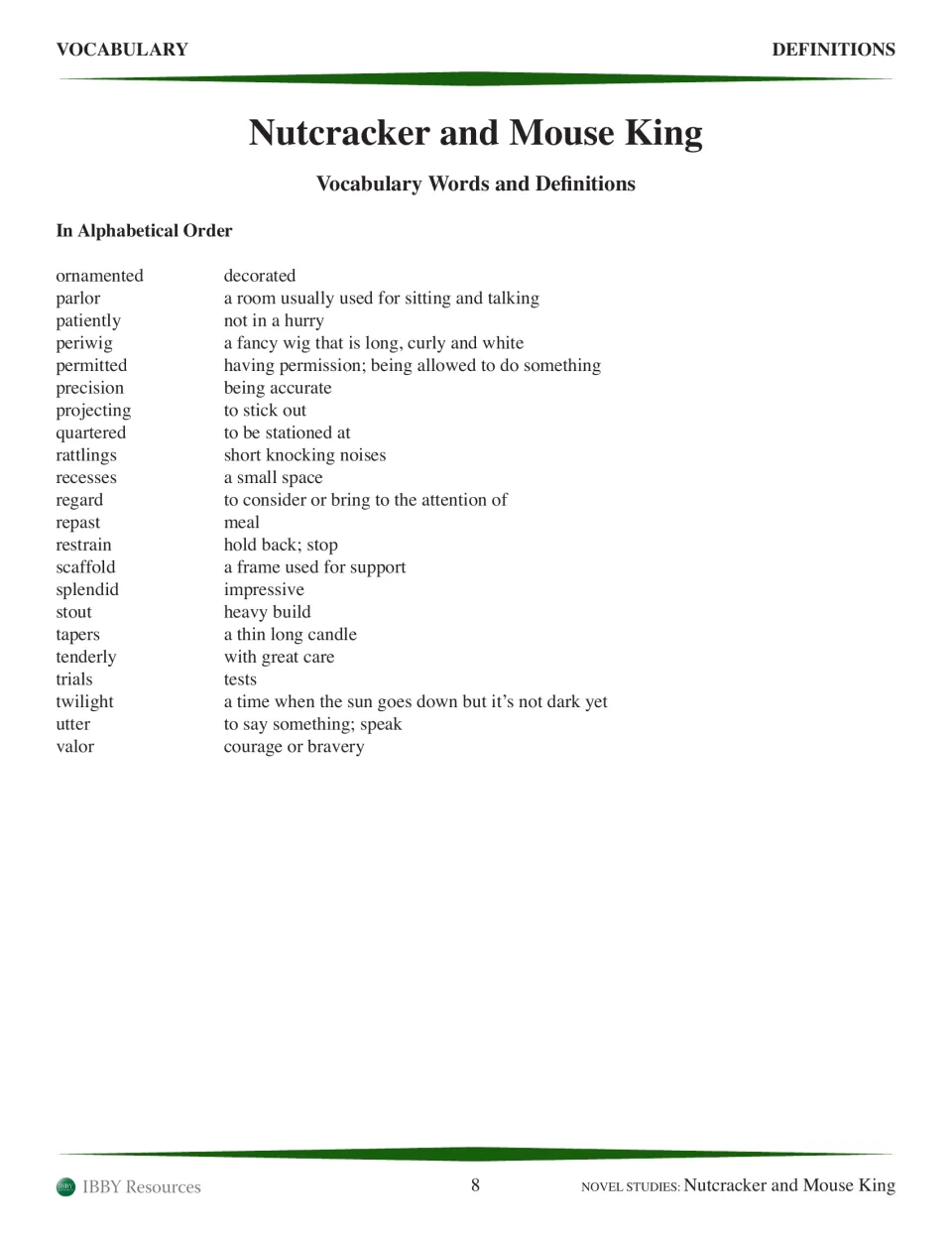 Second alphabetical vocabulary list defines 22 story words, beginning with ornamented and ending with valor