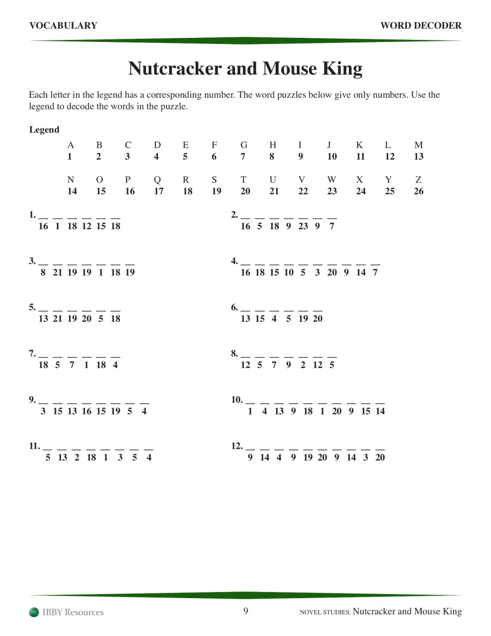 Word Decoder vocabulary activity asks students to solve 12 coded words using a letter legend from A=1 to Z=26