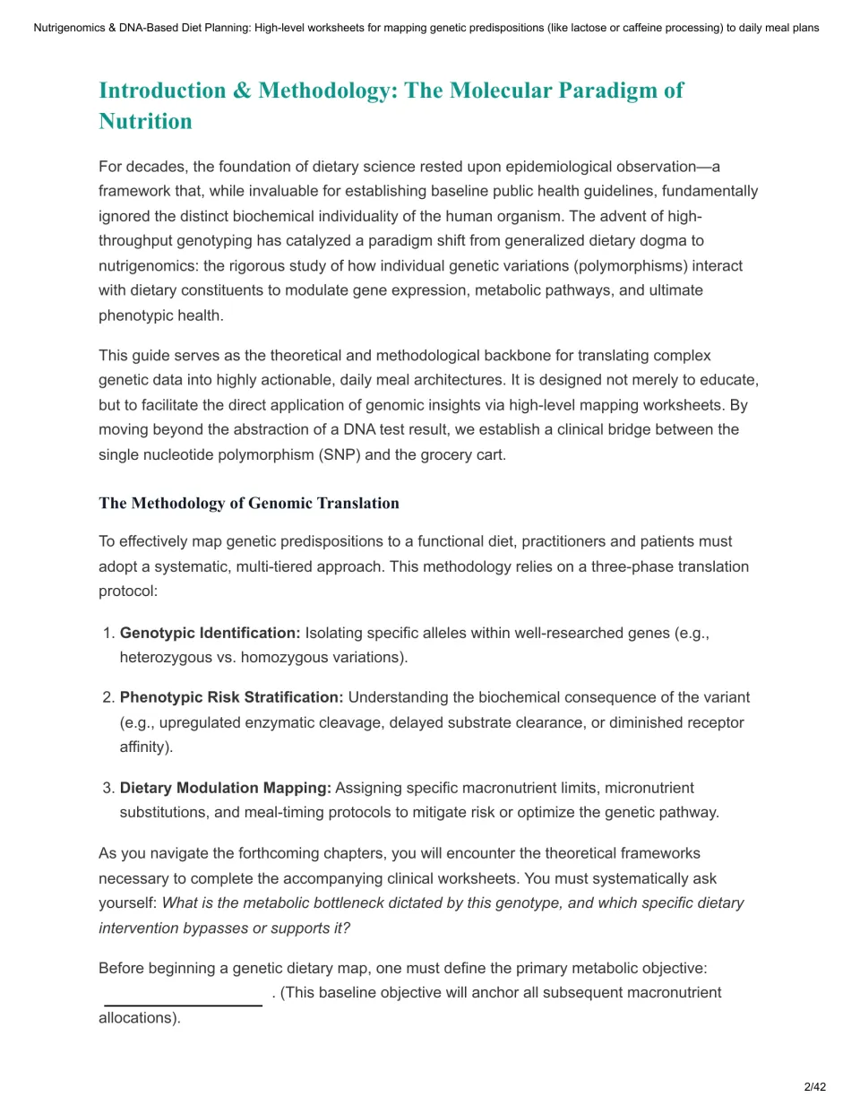 Theory introduction outlines genotypic identification, phenotypic risk stratification, and dietary mapping.