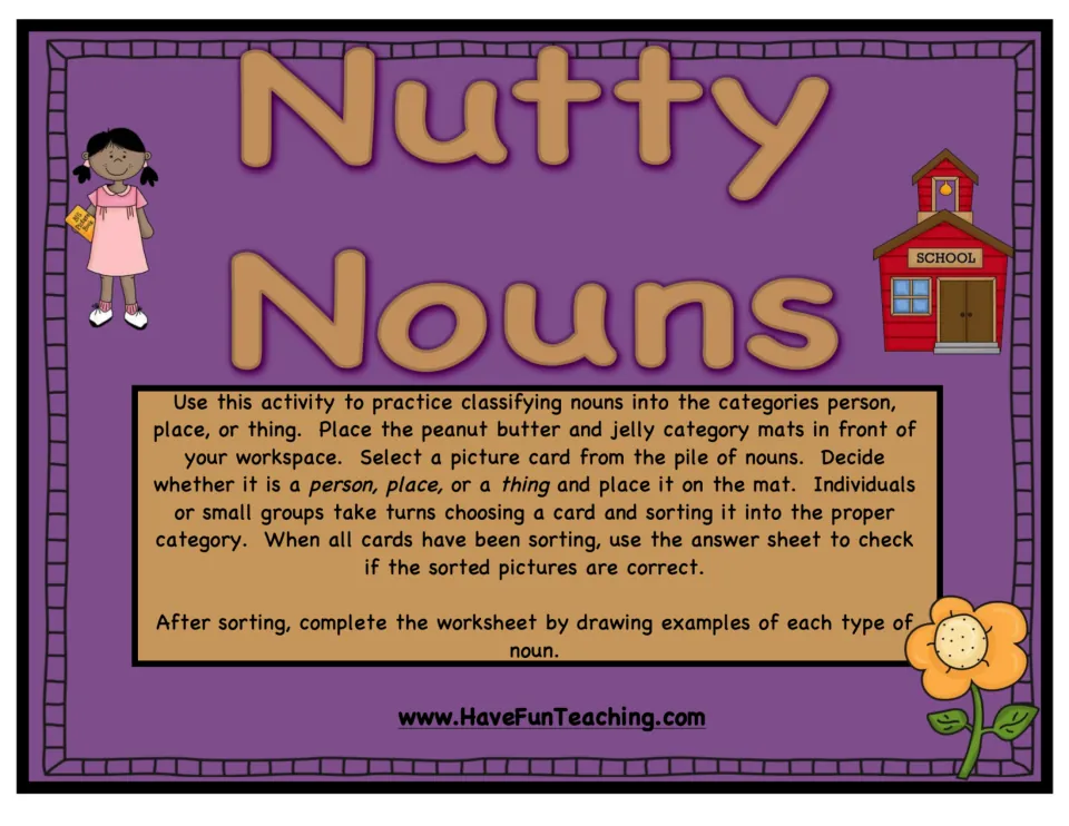 Nutty Nouns Activity cover and directions for sorting picture cards into person, place, and thing categories