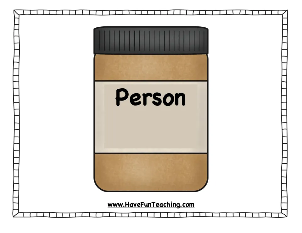 Person sorting mat for the noun picture cards, featuring a peanut butter jar labeled with the category
