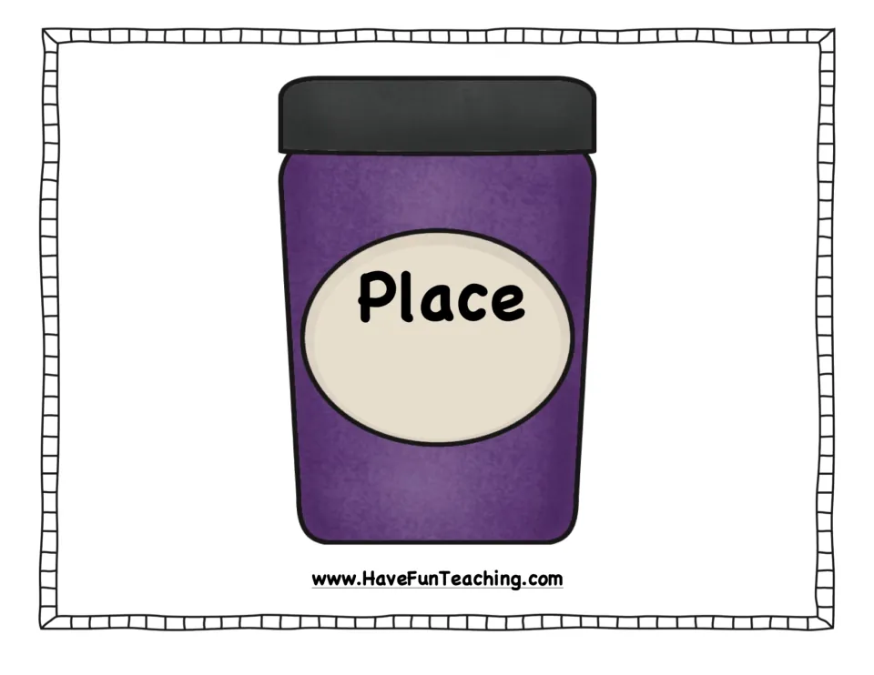 Place sorting mat for the noun picture cards, featuring a purple jelly jar labeled with the category
