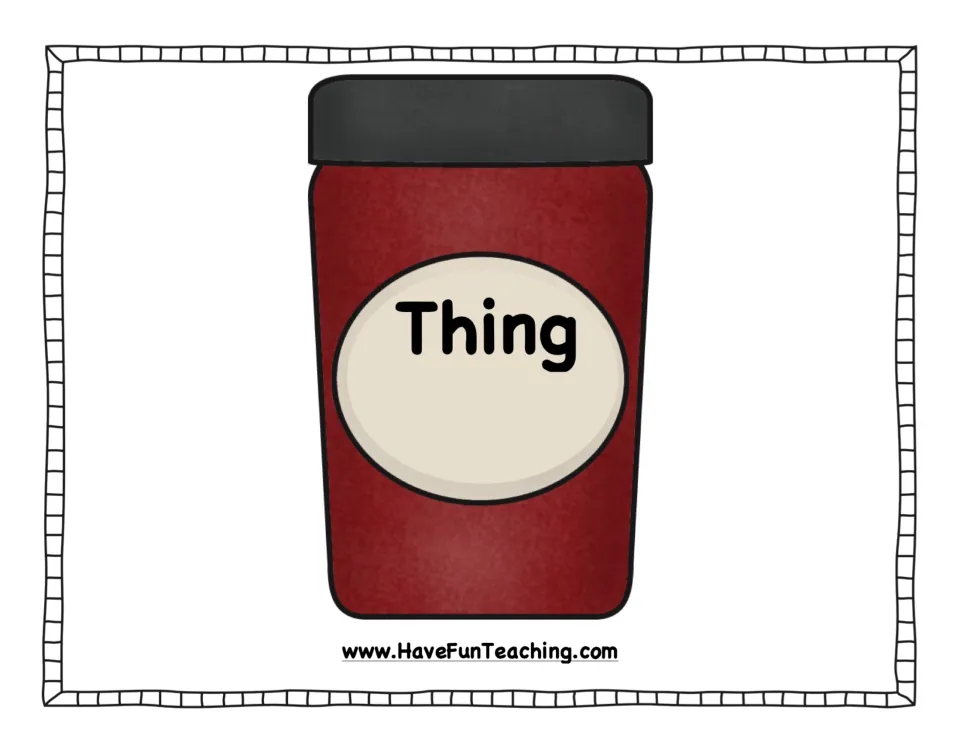 Thing sorting mat for the noun picture cards, featuring a red jelly jar labeled with the category