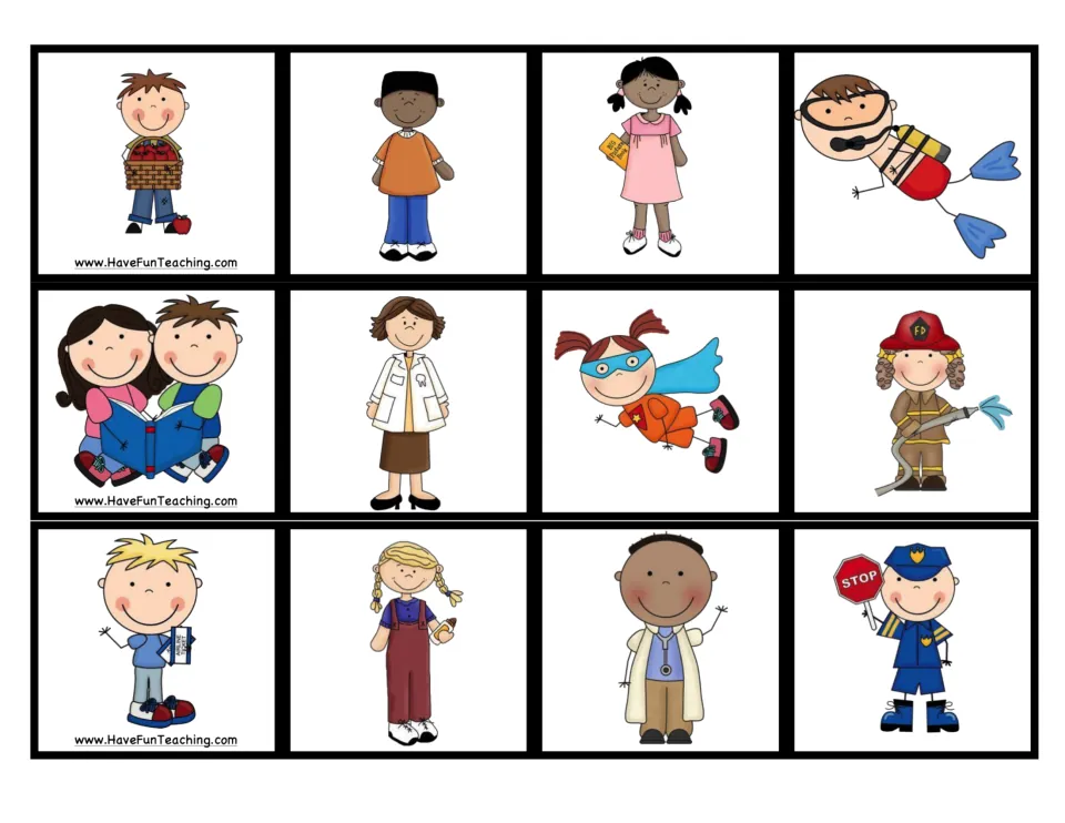 Twelve person picture cards for noun sorting, including children, a diver, a firefighter, and doctors