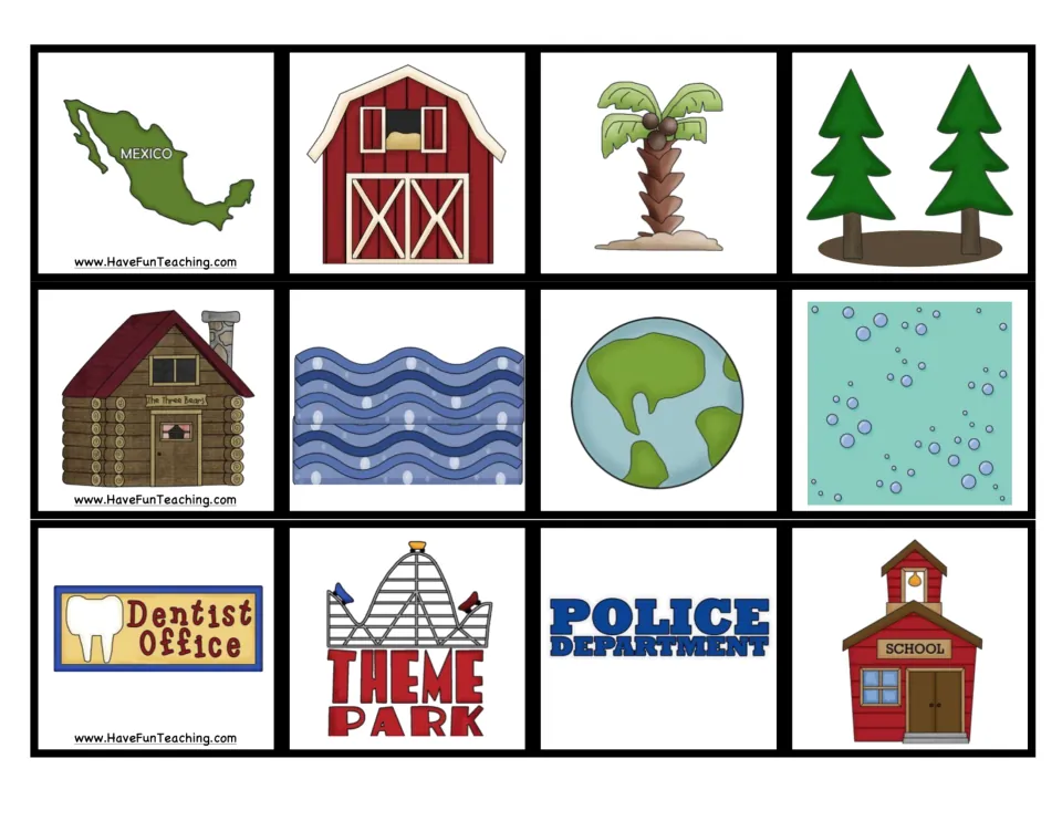 Twelve place picture cards for noun sorting, including Mexico, a barn, a school, and a theme park