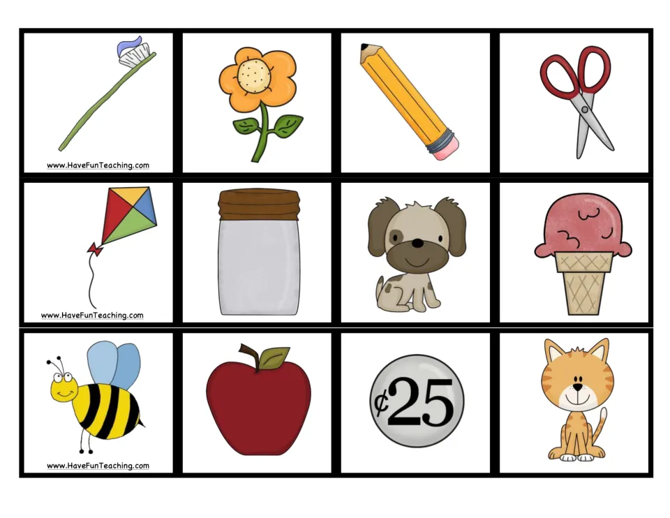 Twelve thing picture cards for noun sorting: toothbrush, flower, pencil, scissors, kite, and seven more