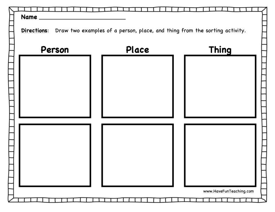 Noun drawing worksheet asking students to draw two examples each of a person, place, and thing from sorting