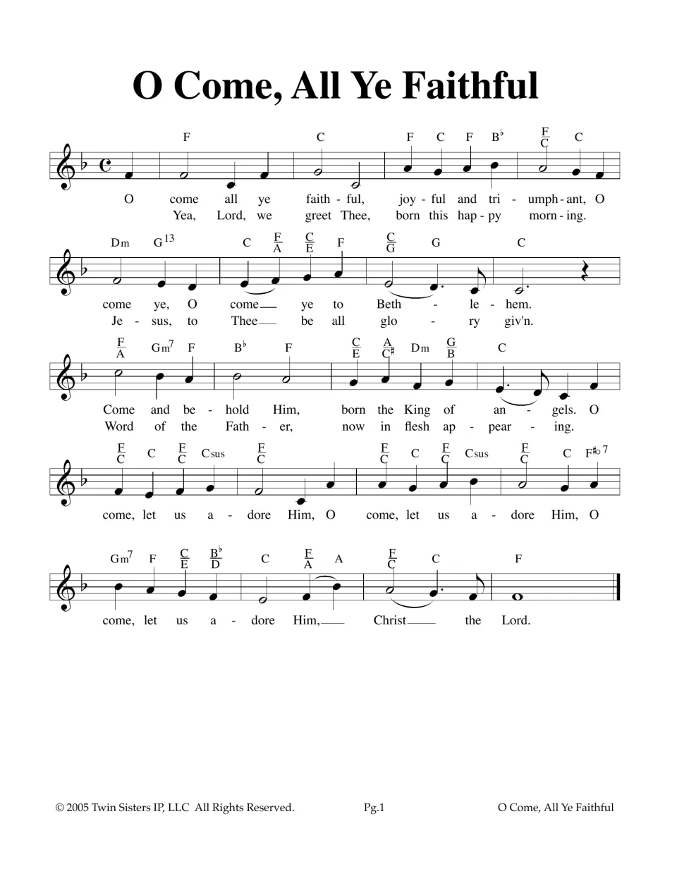 O Come, All Ye Faithful lead sheet in F major: treble melody with chord symbols and two verses of lyrics to sing or play