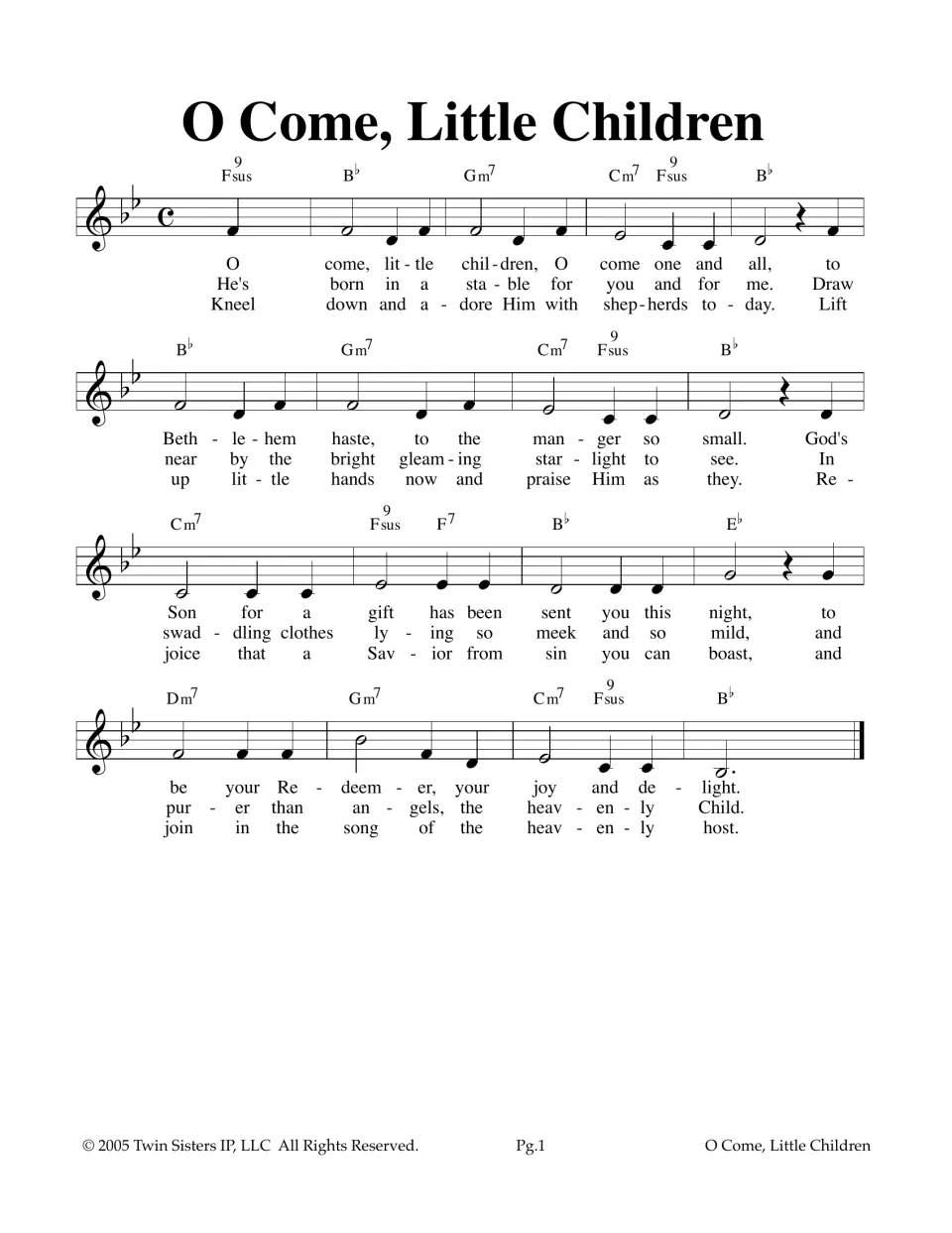 O Come, Little Children lead sheet: melody in B-flat with chord symbols and three verses of lyrics for students to sing