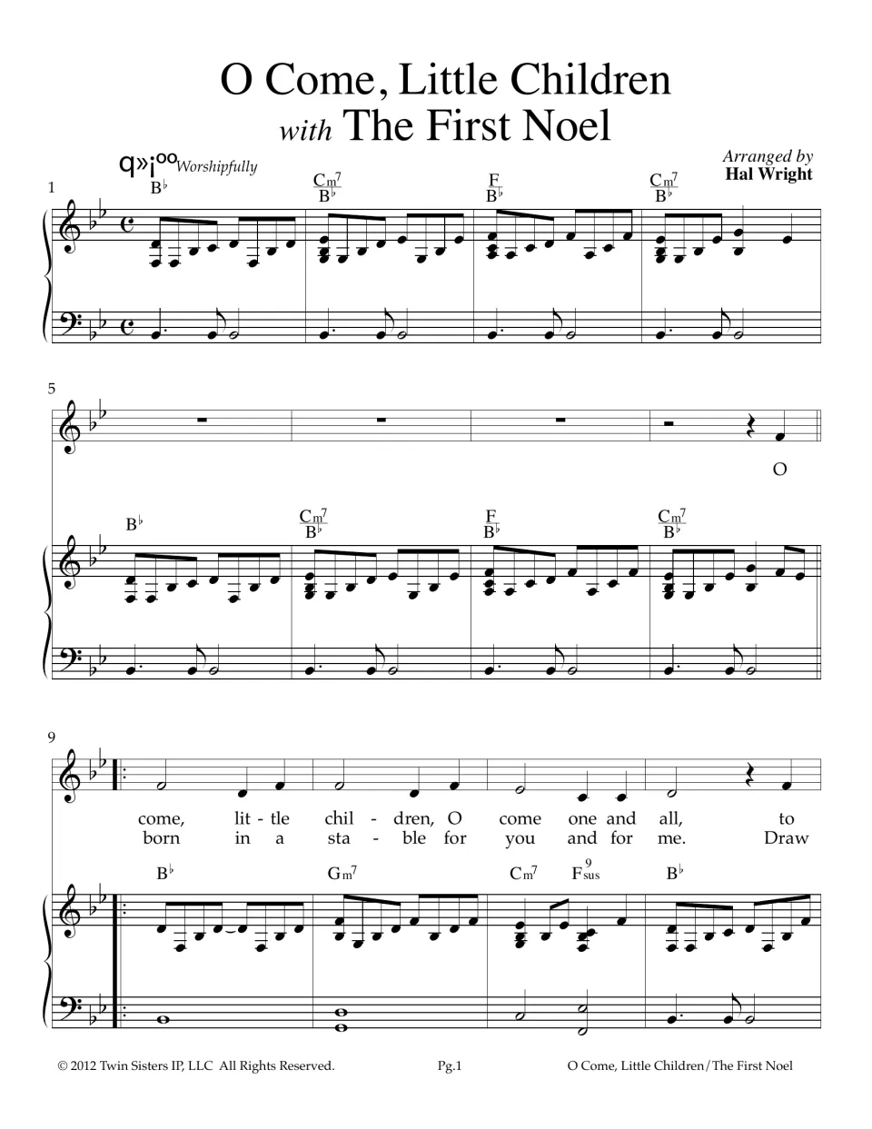Christmas carol medley score, measures 1-12: piano intro in B-flat, then voice and piano begin two verses of lyrics