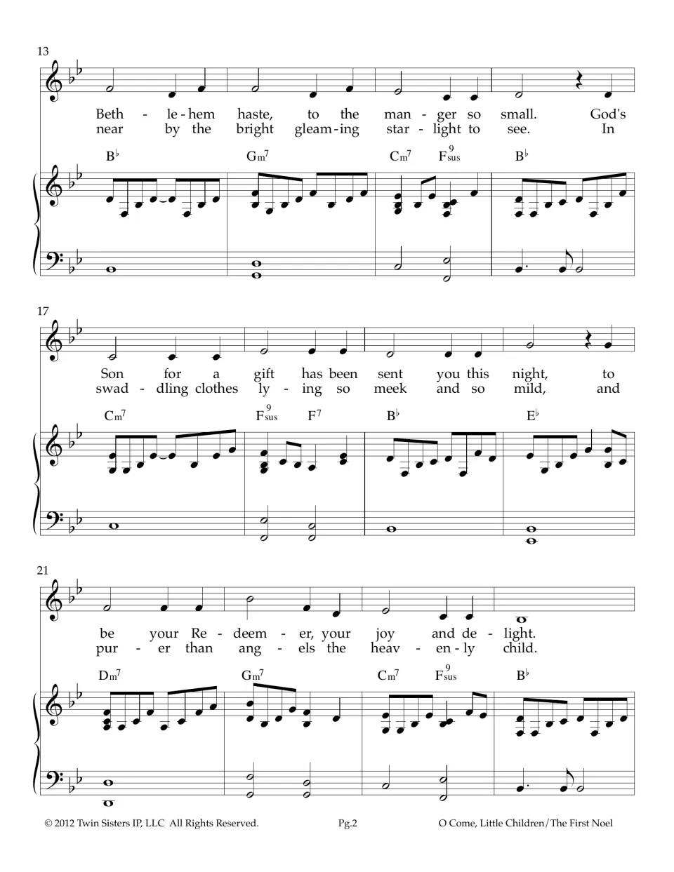 Vocal score with piano and chord symbols, measures 13-24: two verses about Bethlehem, the manger and the Redeemer