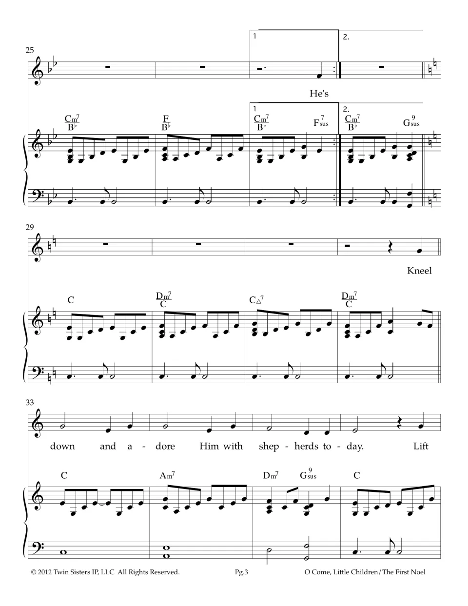 Score, measures 25-36: first and second endings, key change to C major, then lyrics 'Kneel down and adore Him'