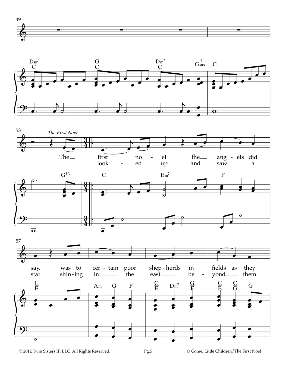 Score, measures 49-60: piano interlude, then The First Noel begins in 3/4 time with two verses of lyrics