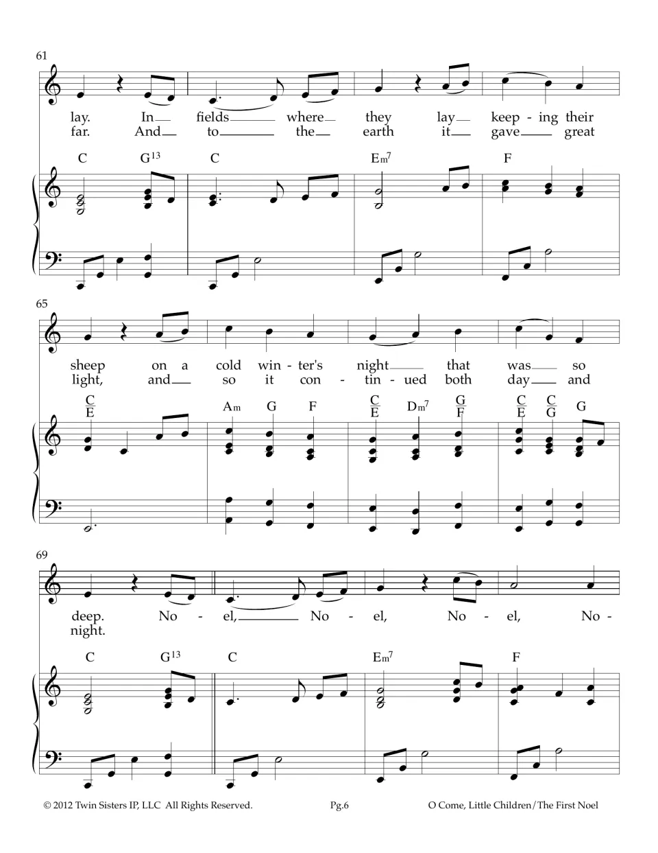 Score, measures 61-72: verses about shepherds keeping sheep on a cold winter's night, then the Noel, Noel refrain