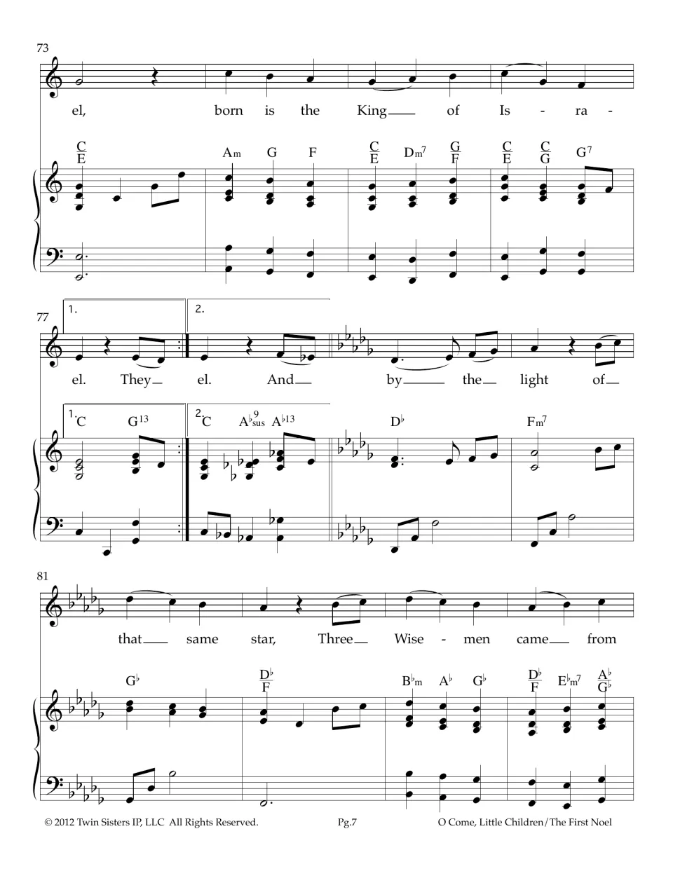 Score, measures 73-84: 'born is the King of Israel', endings, then a key change to D-flat for the Wise Men verse