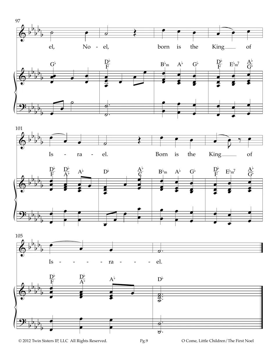 Last page of the score, measures 97-108: closing 'Born is the King of Israel' refrain ending on a held D-flat chord