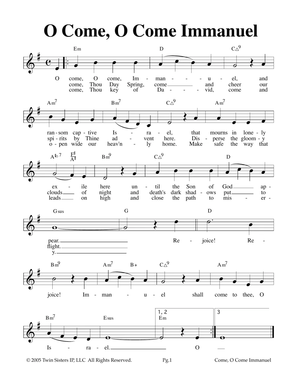 Advent hymn lead sheet: one-sharp melody with chord symbols, three verses of lyrics and a Rejoice! refrain to sing