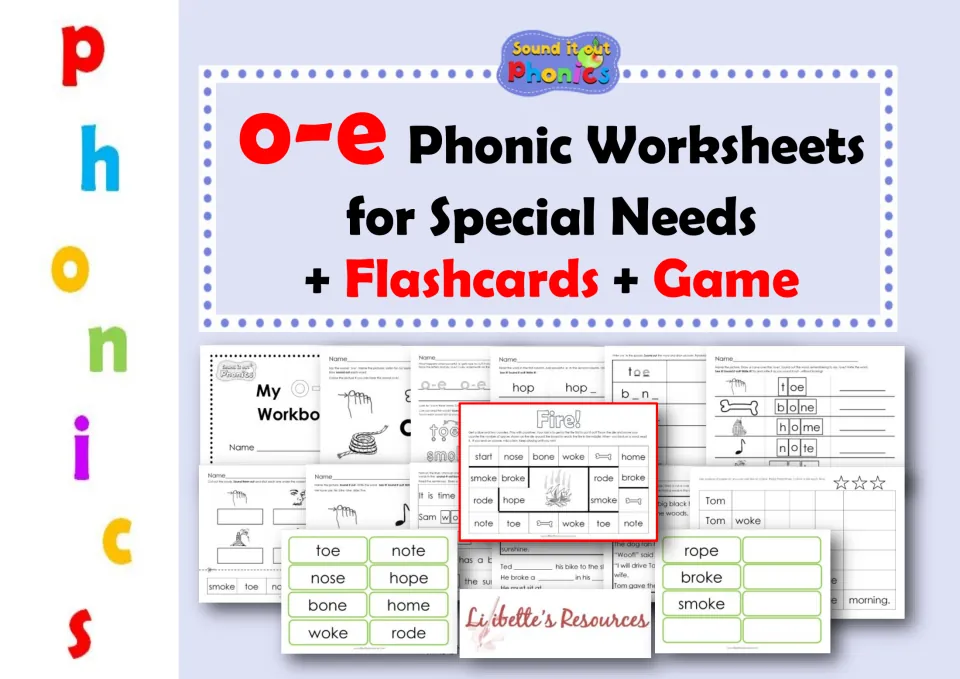 Cover for o-e phonics worksheets for special needs, showing workbook activities, flashcards, and a game