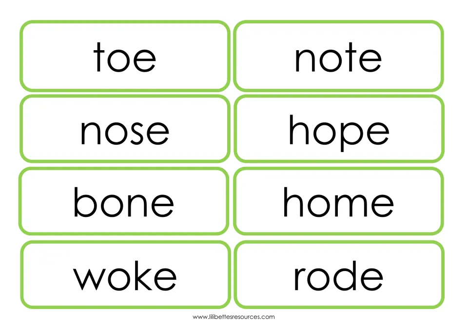 First eight long-o word flashcards: toe, note, nose, hope, bone, home, woke, and rode for reading practice