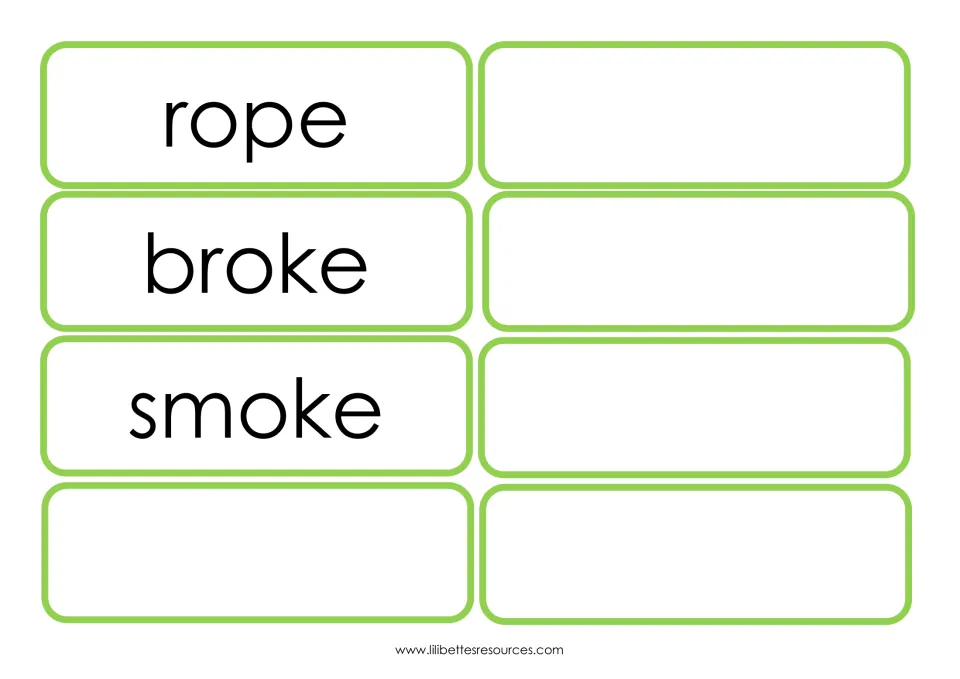 Final three long-o word flashcards show rope, broke, and smoke; five blank cards complete the second sheet