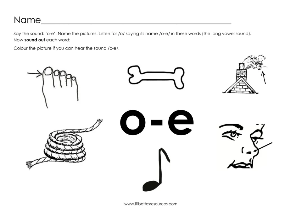 Sound identification activity asks students to name and color pictures of a toe, bone, smoke, rope, nose, and note