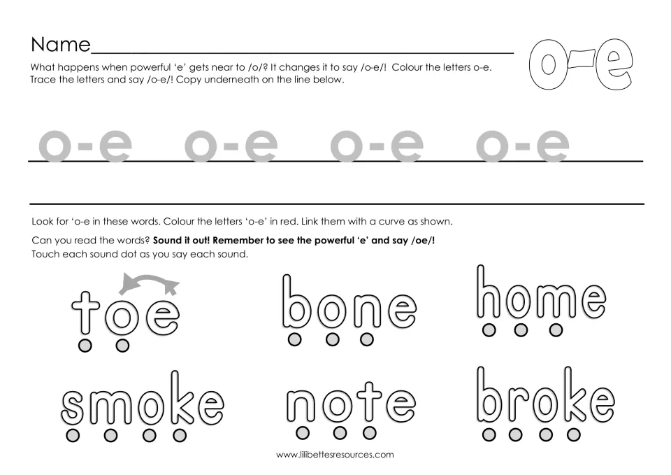 Tracing and reading practice introduces powerful e using o-e and the words toe, bone, home, smoke, note, and broke