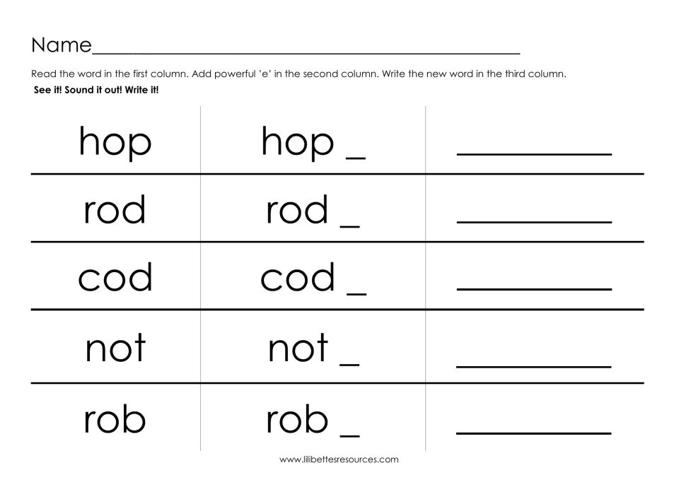 Word-building activity asks students to add powerful e to hop, rod, cod, not, and rob, then write each new word