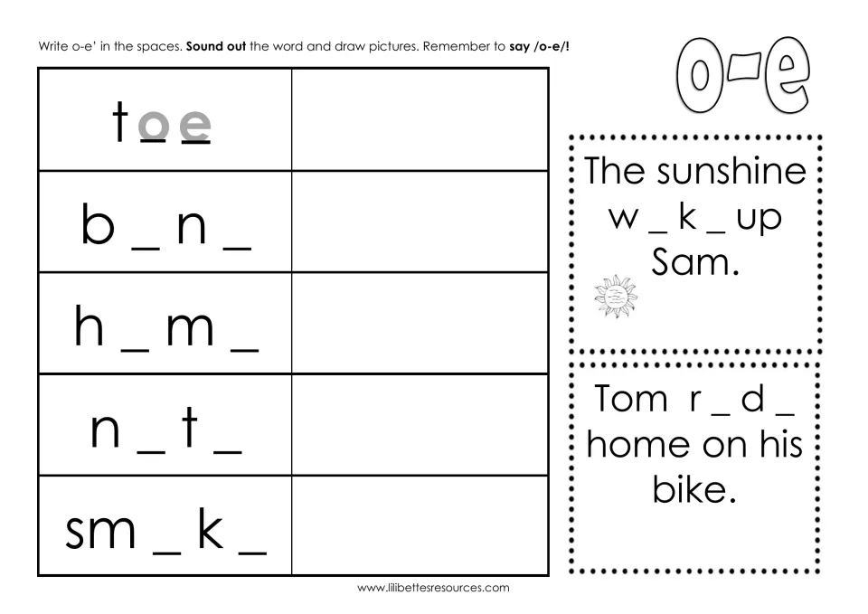 Spelling activity completes toe, bone, home, note, and smoke with o-e, adds drawings, and fills two sentences