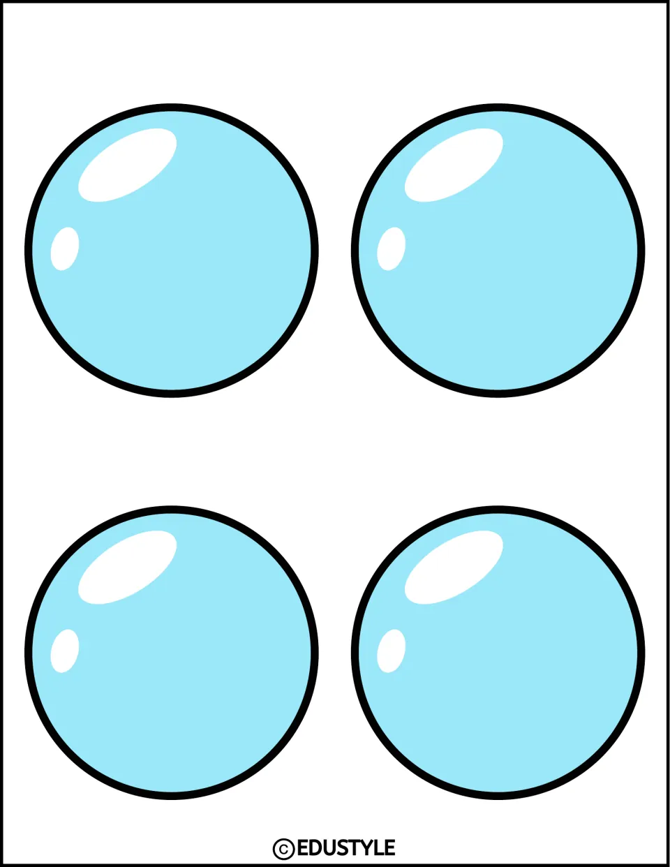 Ocean decor bubbles: four small light blue bubbles with white highlights, printed together to cut apart