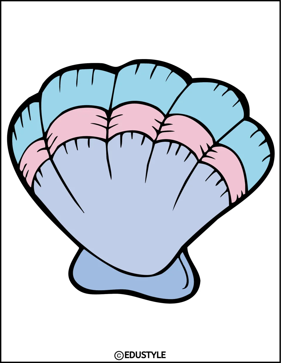 Ocean decor seashell: one large scallop shell in blue, pink and lavender filling the page, to cut out