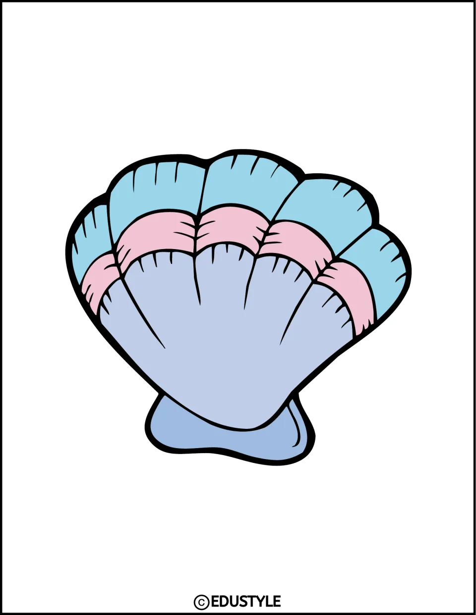 Ocean decor seashell: a medium scallop shell in blue, pink and lavender, centered on the page for cutting