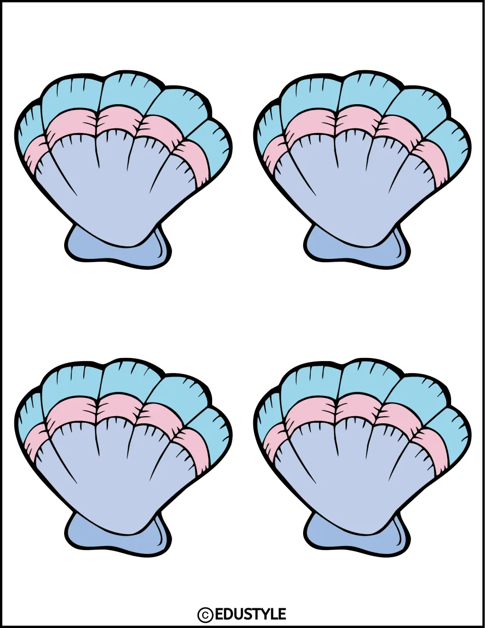 Ocean decor seashells: four small blue, pink and lavender scallop shells printed together to cut apart