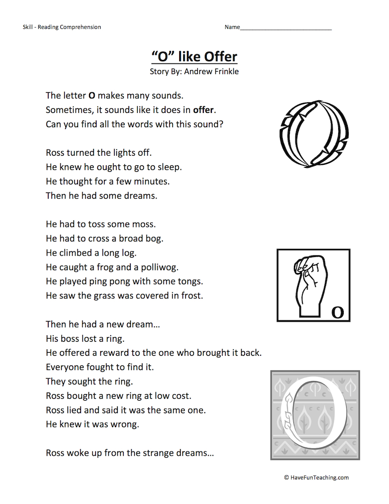 O Like Offer Reading Comprehension Worksheet teaching resource preview