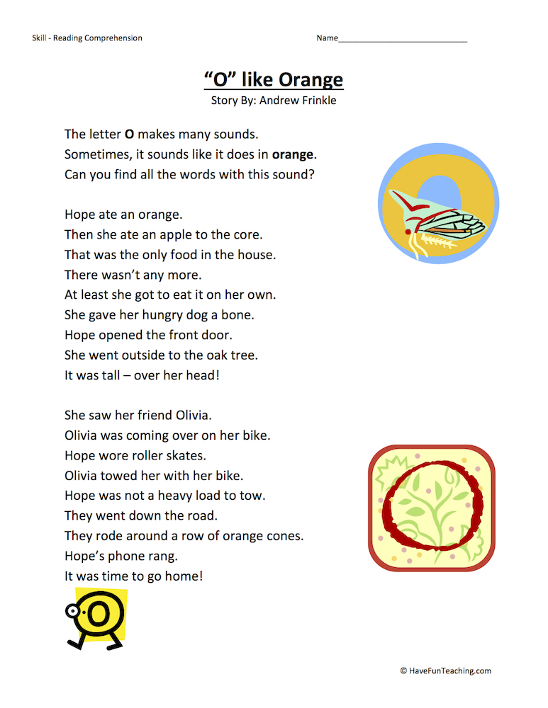O Like Orange Reading Comprehension Worksheet by Teach Simple