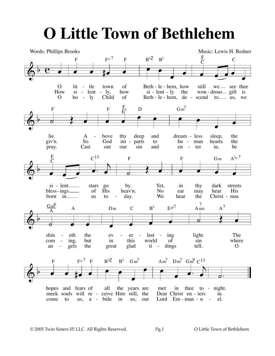 O Little Town of Bethlehem lead sheet: students sing or play the F major melody with chord symbols and three verses
