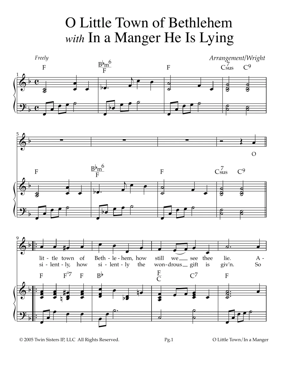 Christmas carol medley opening in F: piano intro marked Freely, then verse 1 and 2 lyrics begin with chord symbols