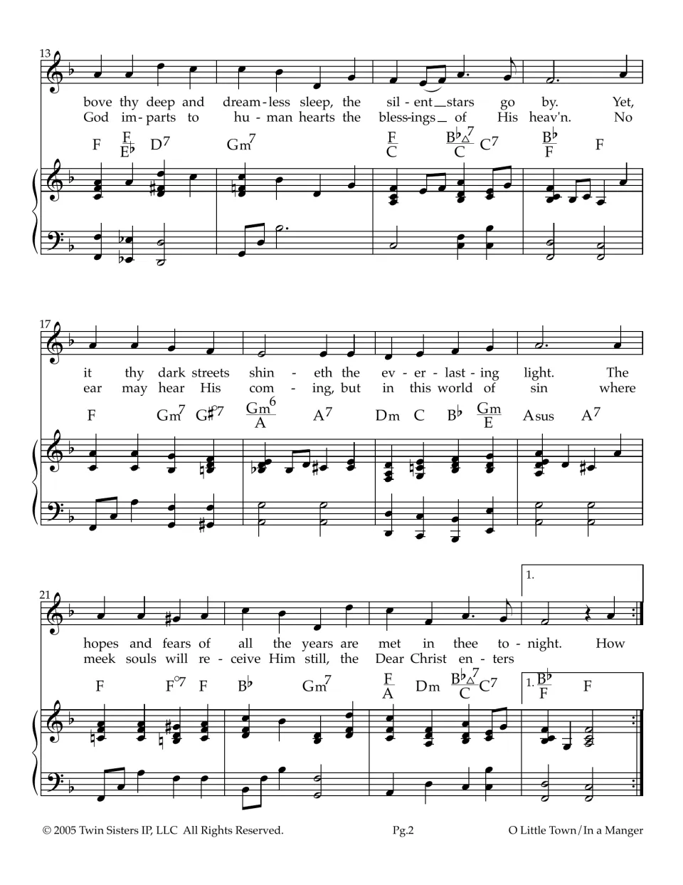 Carol verses continue with two lyric lines, 'silent stars go by' and 'the blessings of His heav'n', over piano chords