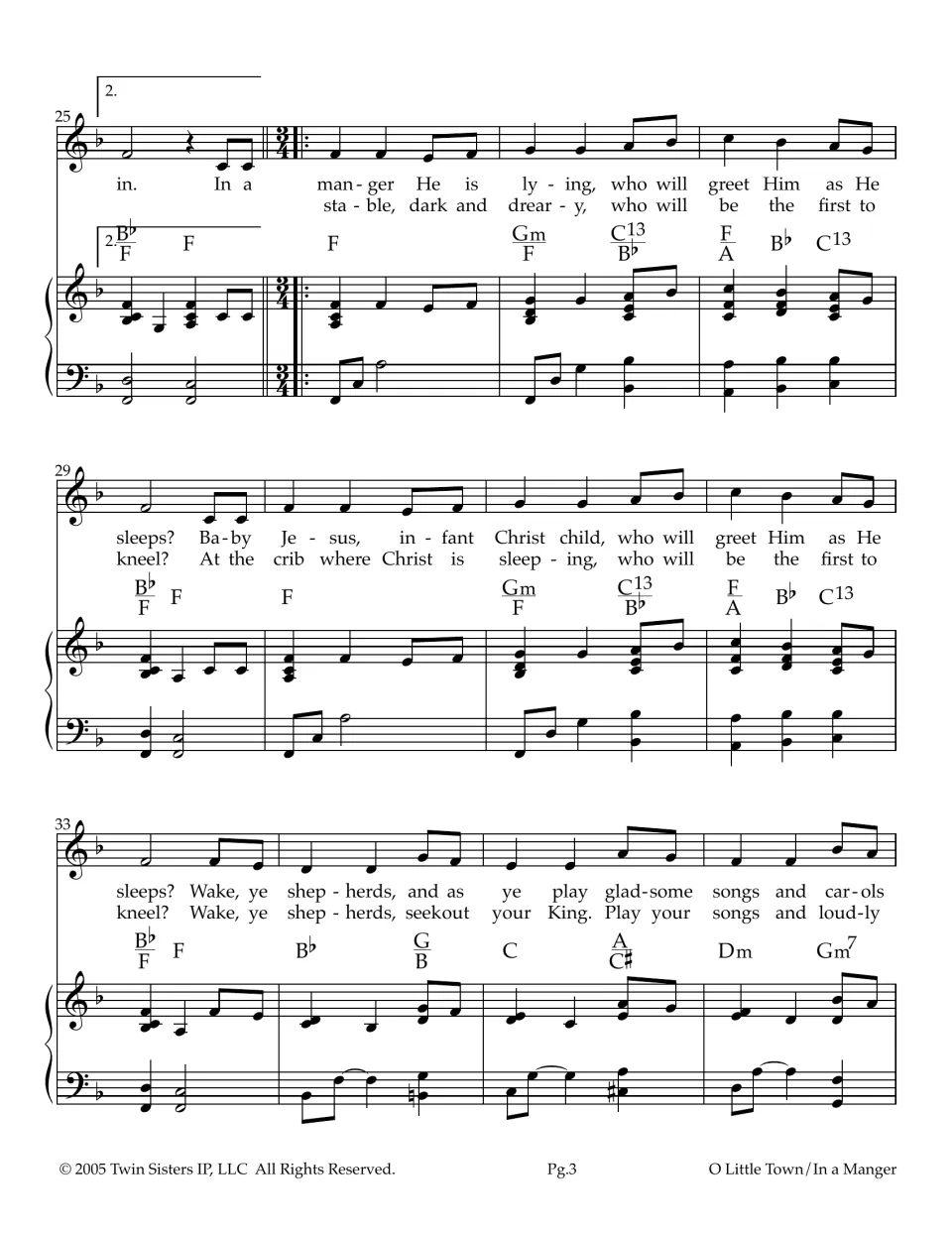 Second ending leads into In a Manger He Is Lying in 3/4 time: 'Baby Jesus, infant Christ child' and 'Wake, ye shepherds'