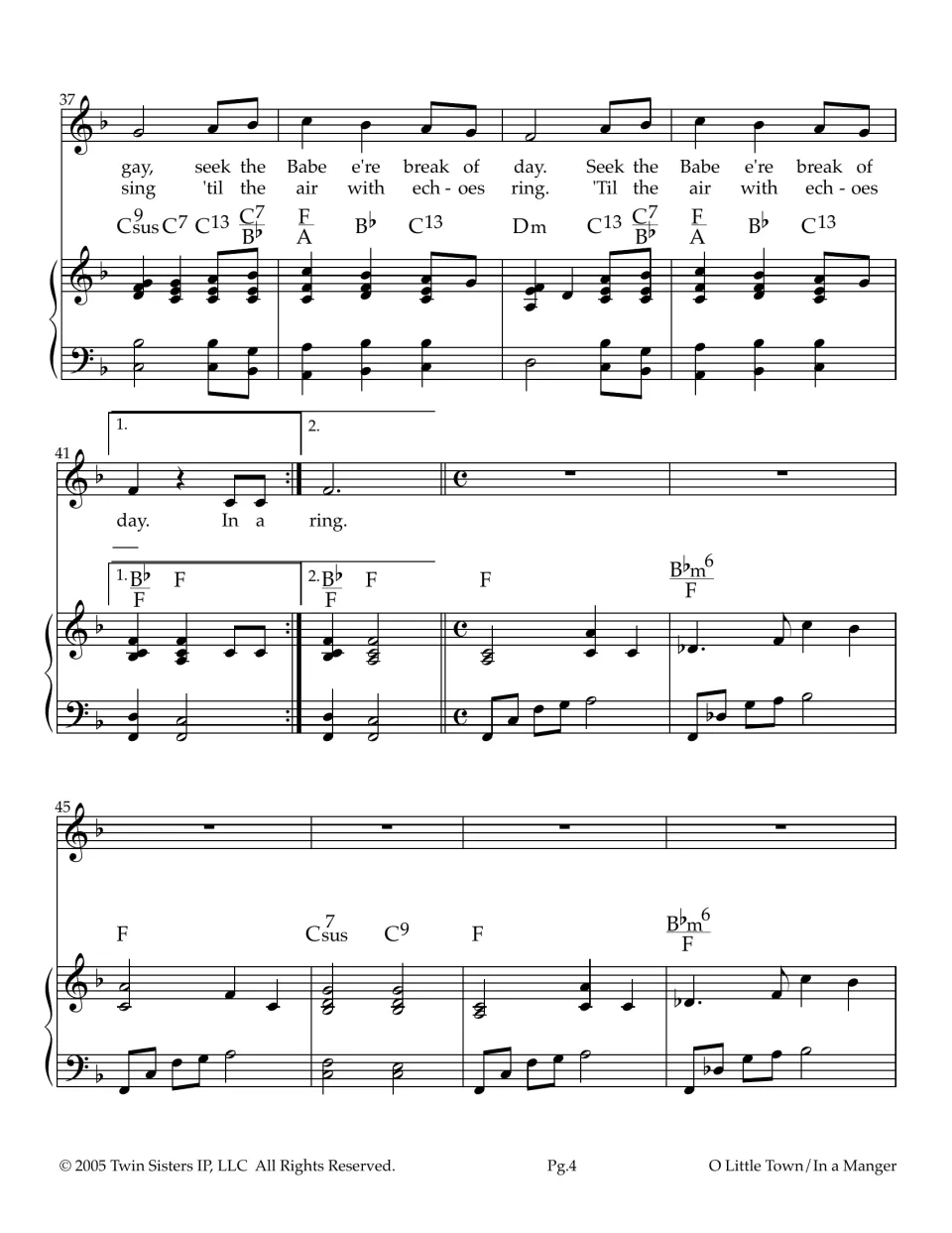 Manger carol closes with 'seek the Babe e're break of day', first and second endings, then a piano interlude back in 4/4