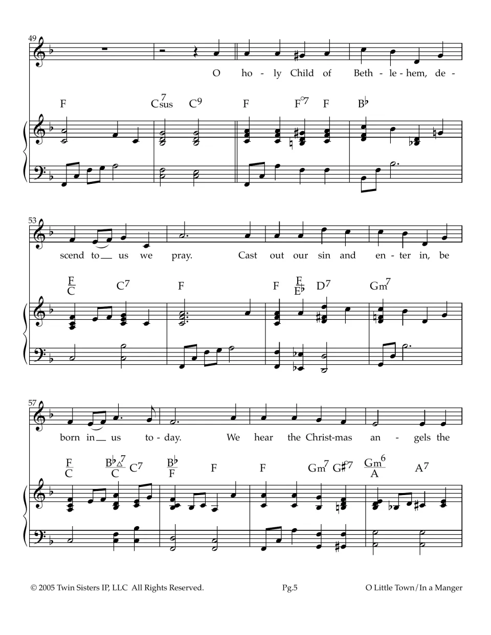 Final verse of the Bethlehem carol: lyrics 'O holy Child of Bethlehem, descend to us we pray' with piano and chord symbols
