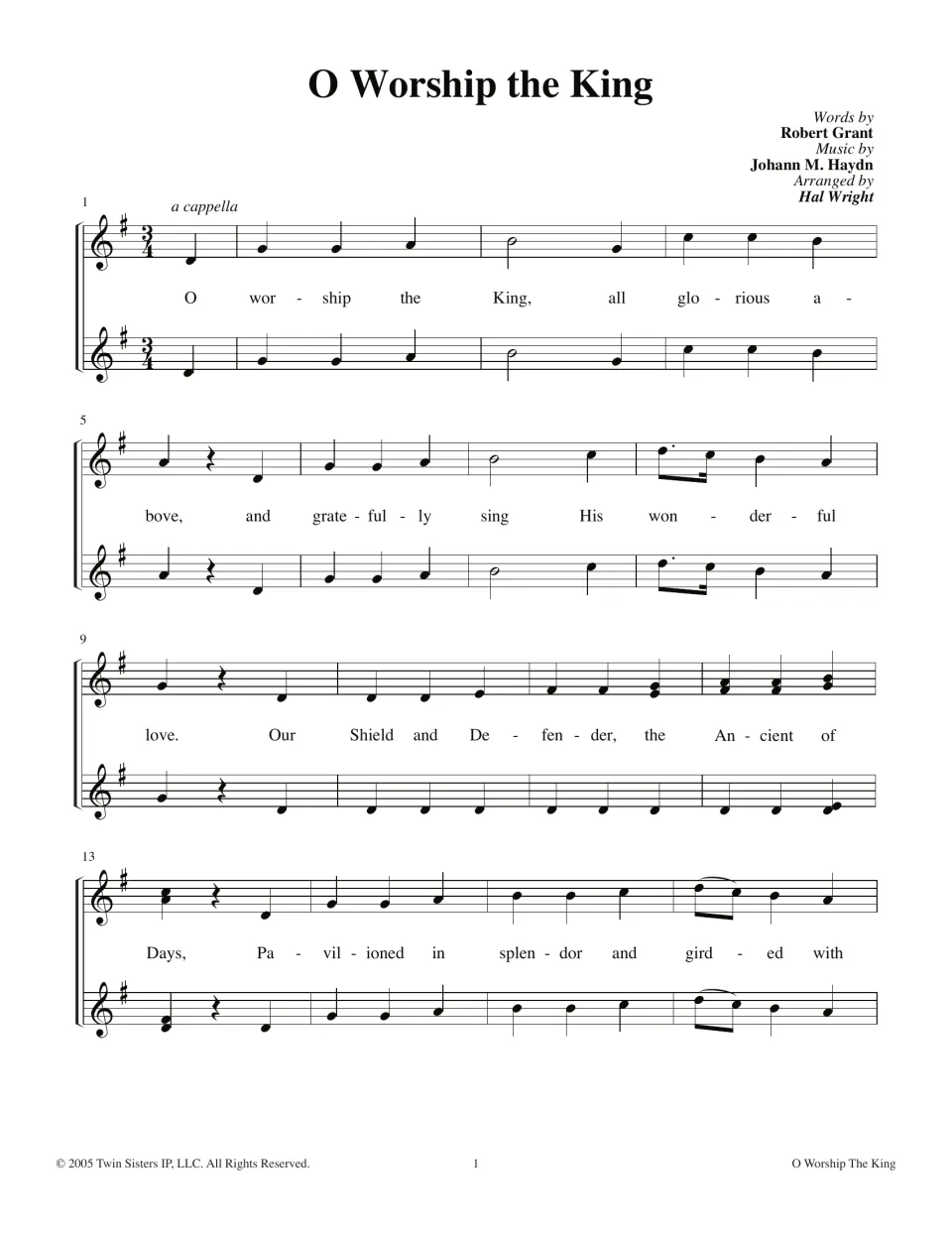 Hymn opening in G major, 3/4 time: two-part a cappella vocal score with lyrics for measures 1 to 16, Haydn tune