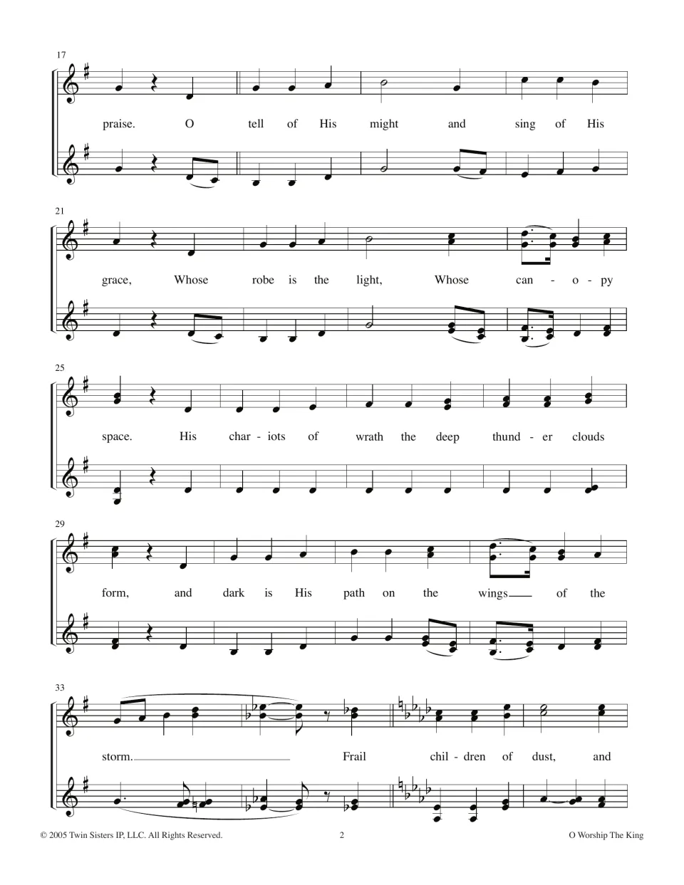 Hymn measures 17 to 36 for two voices: lyrics from 'O tell of His might' to 'Frail children of dust' and a key change