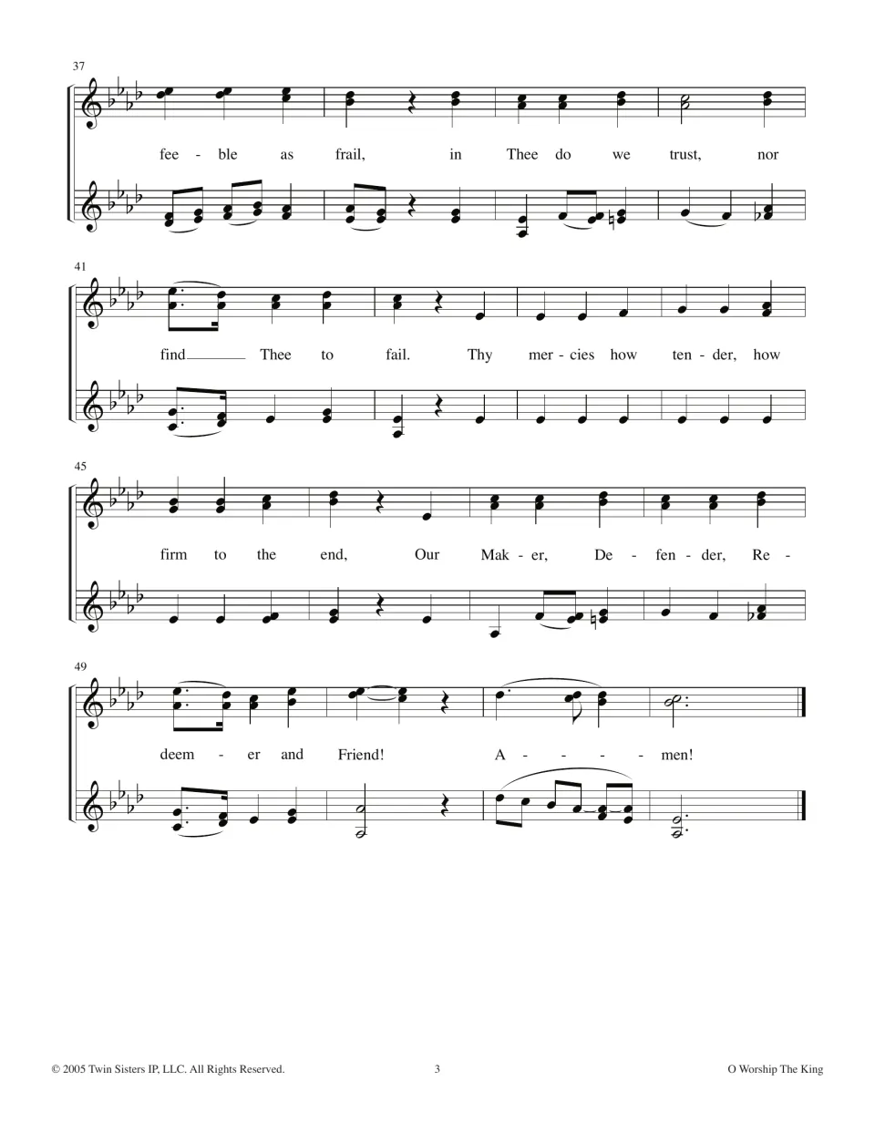 Hymn ending, measures 37 to 52, in a flat key: two-part vocal lines from 'feeble as frail' to the closing 'Amen'