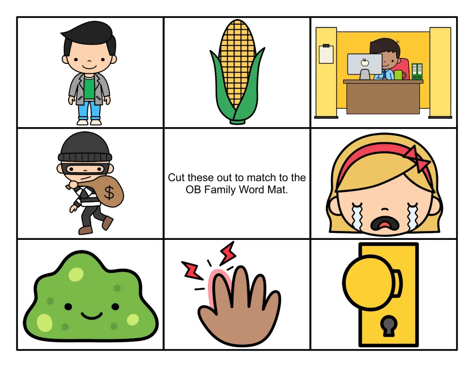 Color -ob picture cards to cut out: a boy, corn cob, office worker, robber, crying girl, slime glob, sore hand, door knob