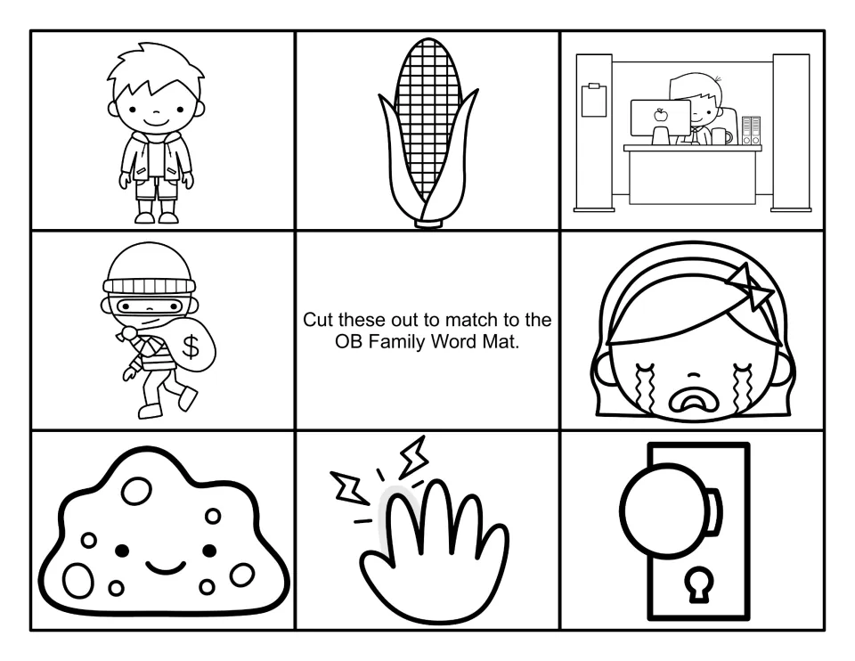 Black-and-white versions of the eight -ob picture cards to cut out and match to the words on the word mat