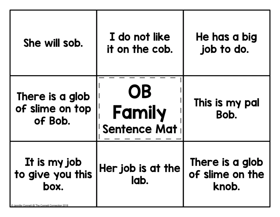 OB family sentence mat: students read eight short sentences such as 'She will sob.' and 'Her job is at the lab.'