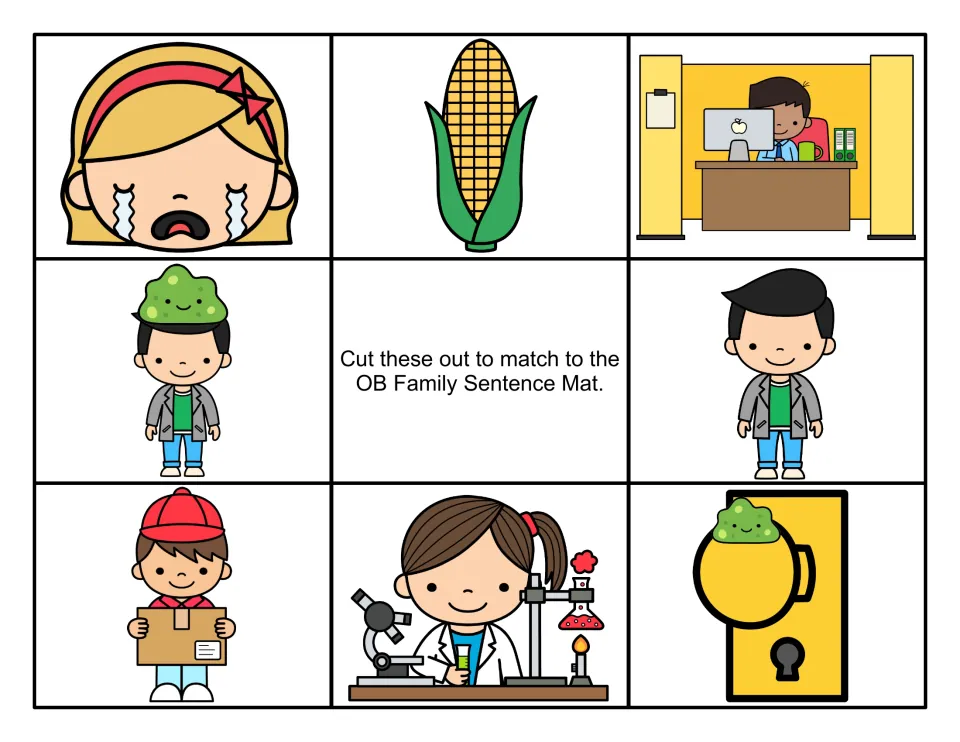 Color sentence picture cards to cut out: crying girl, corn, office worker, slime on Bob, a boy with a box, girl in a lab